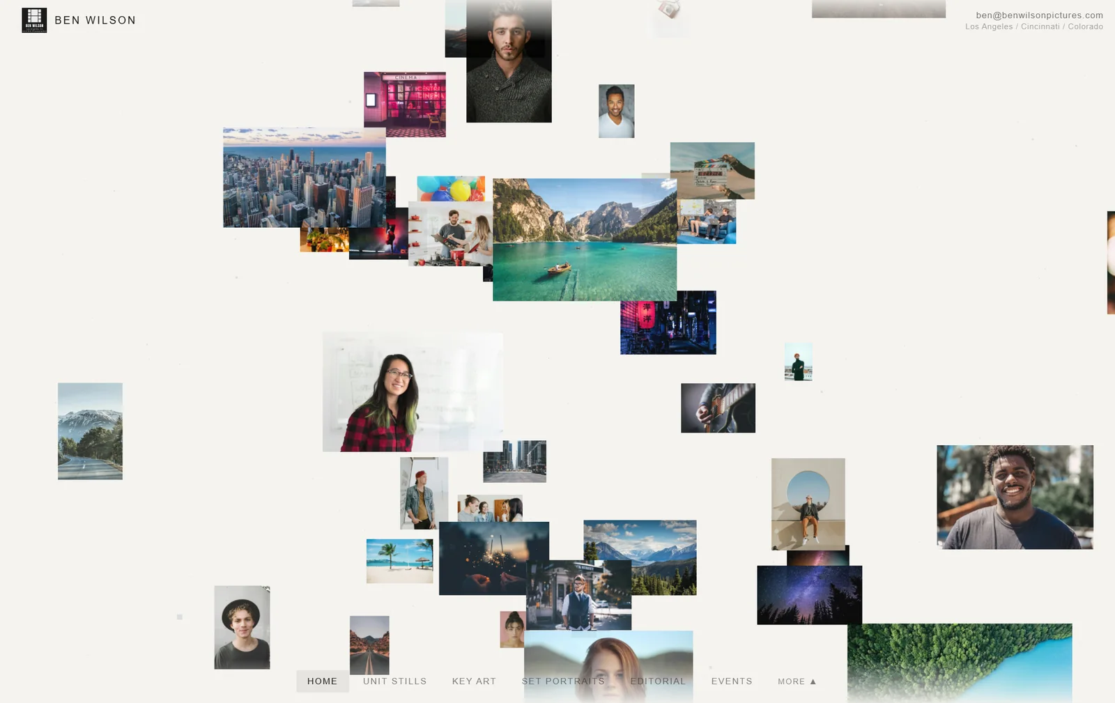 Ben Wilson Pictures homepage: a collage of photographs floating across the page