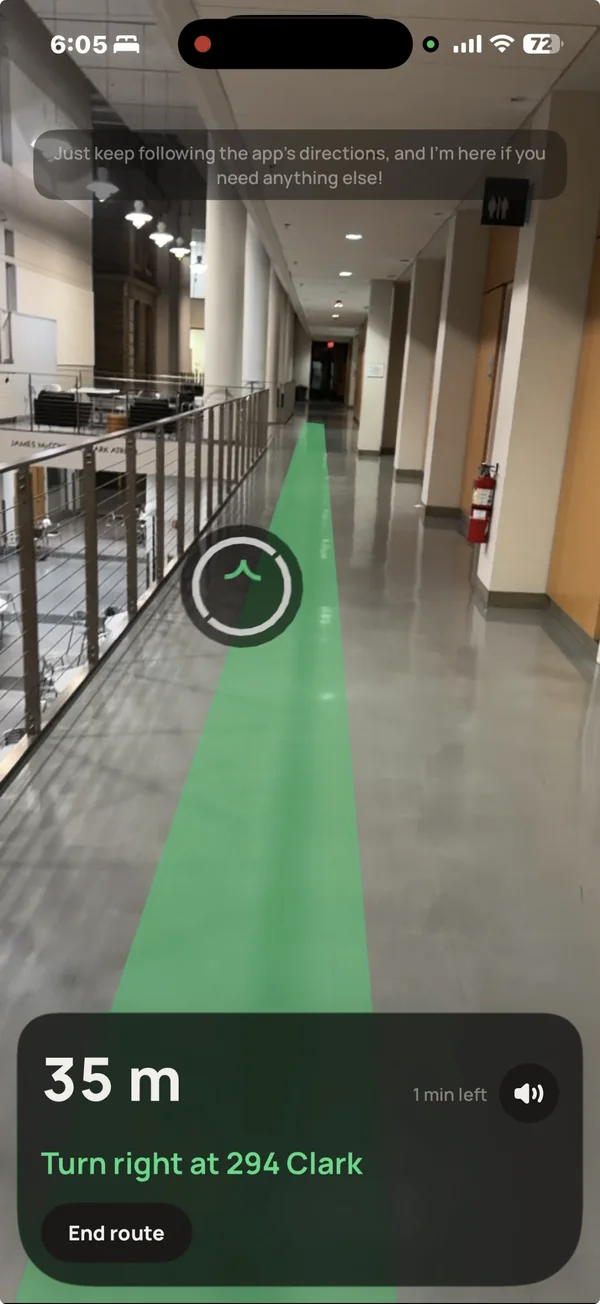marko AR route drawn down the hallway, 35 meters to go