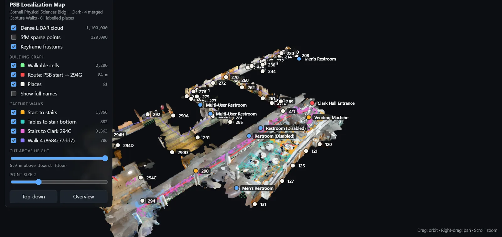 3D point-cloud map of Cornell's Physical Sciences Building with labelled rooms and a route